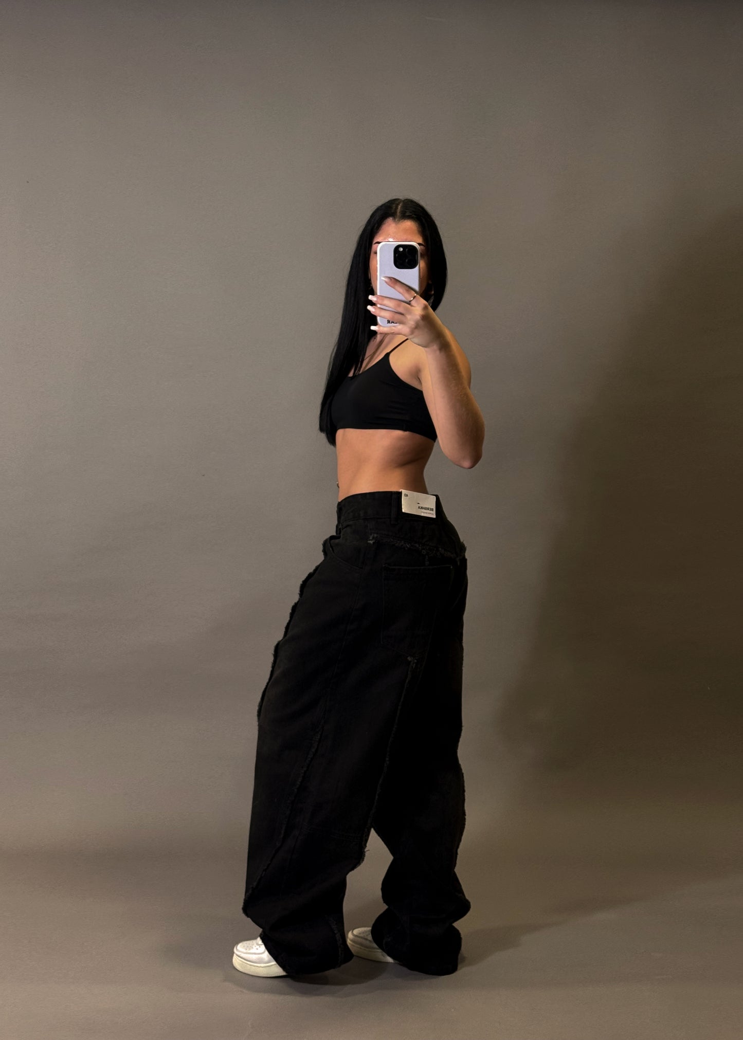 BERSHKA TEXTURED BAGGY BLACK JEANS