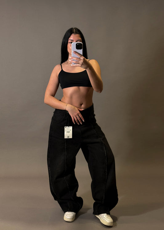 BERSHKA TEXTURED BAGGY BLACK JEANS