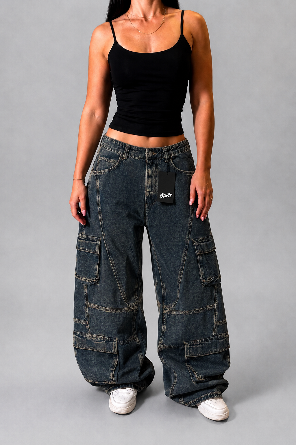 PULL&BEAR DARK WASH BAGGY CARGO JEANS