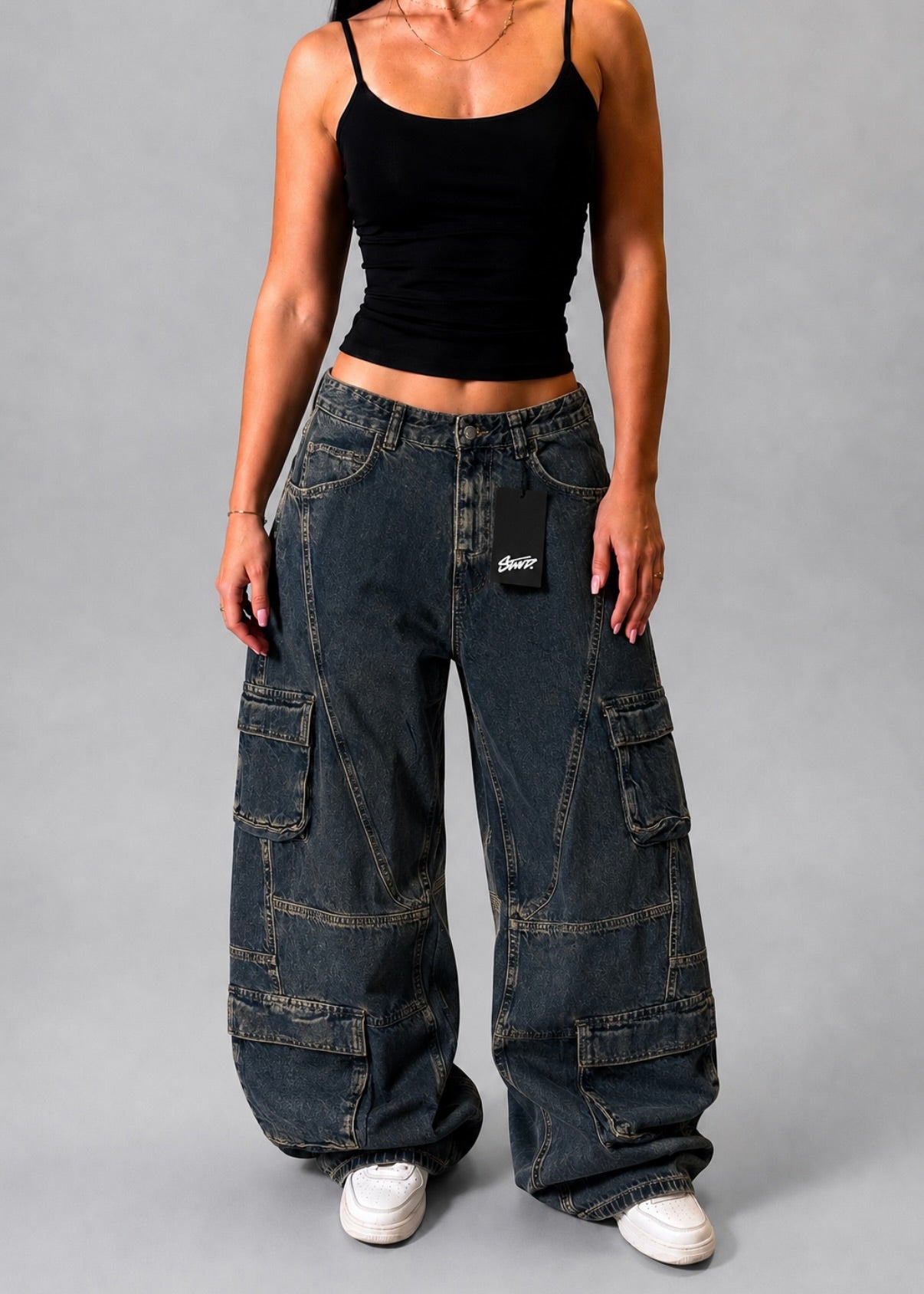 PULL&BEAR DARK WASH BAGGY CARGO JEANS