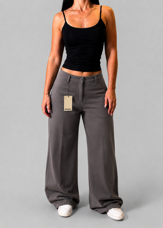 BERSHKA TAUPE WIDE LEG TROUSERS