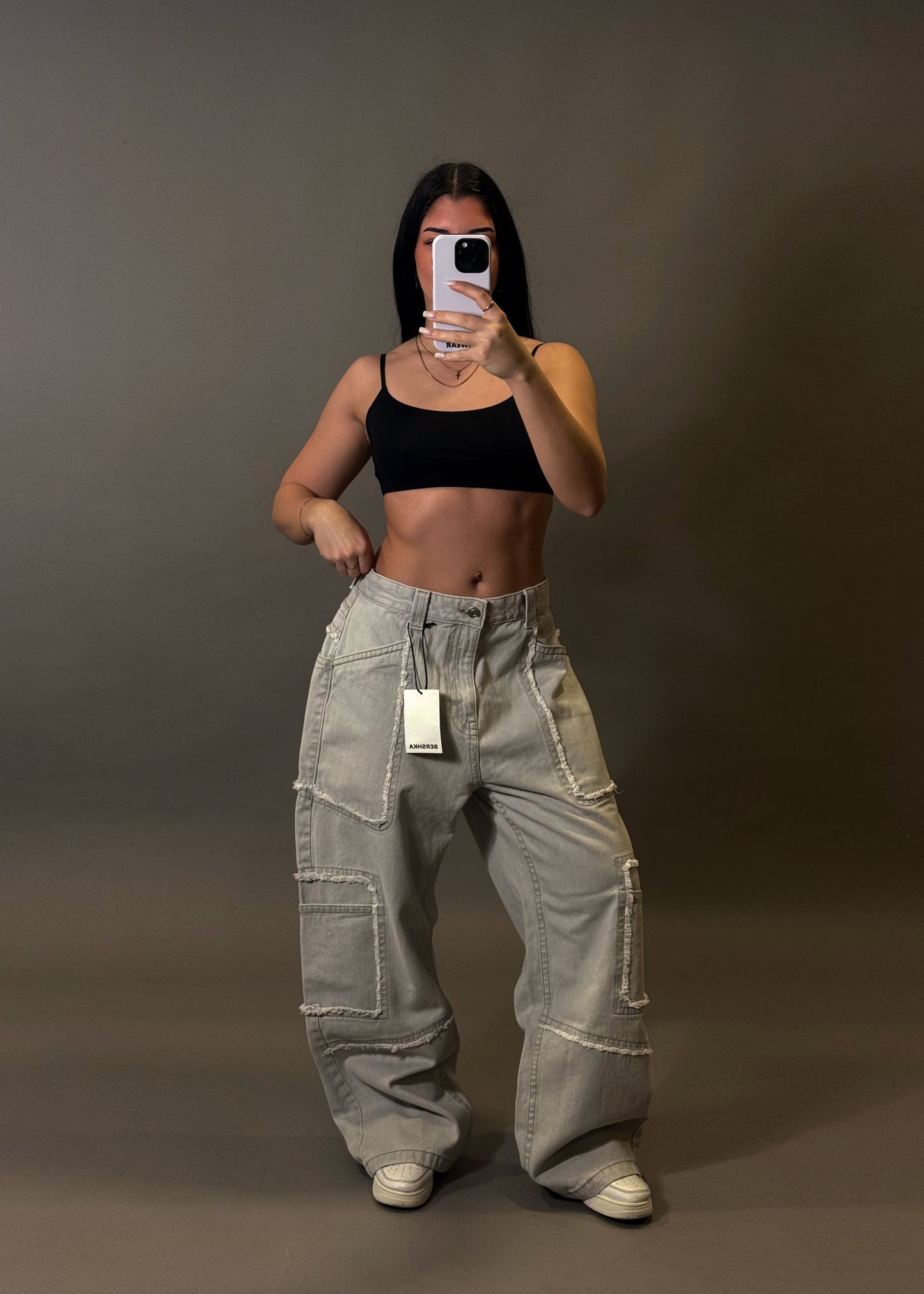 BERSHKA TEXTURED GREY BAGGY JEANS