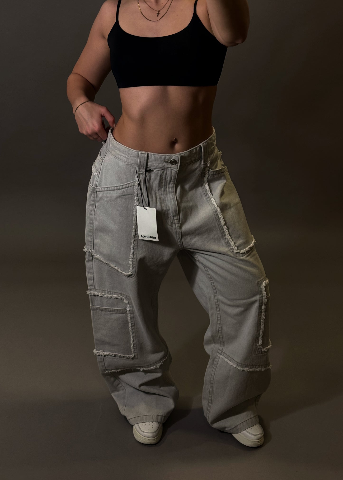 BERSHKA TEXTURED GREY BAGGY JEANS