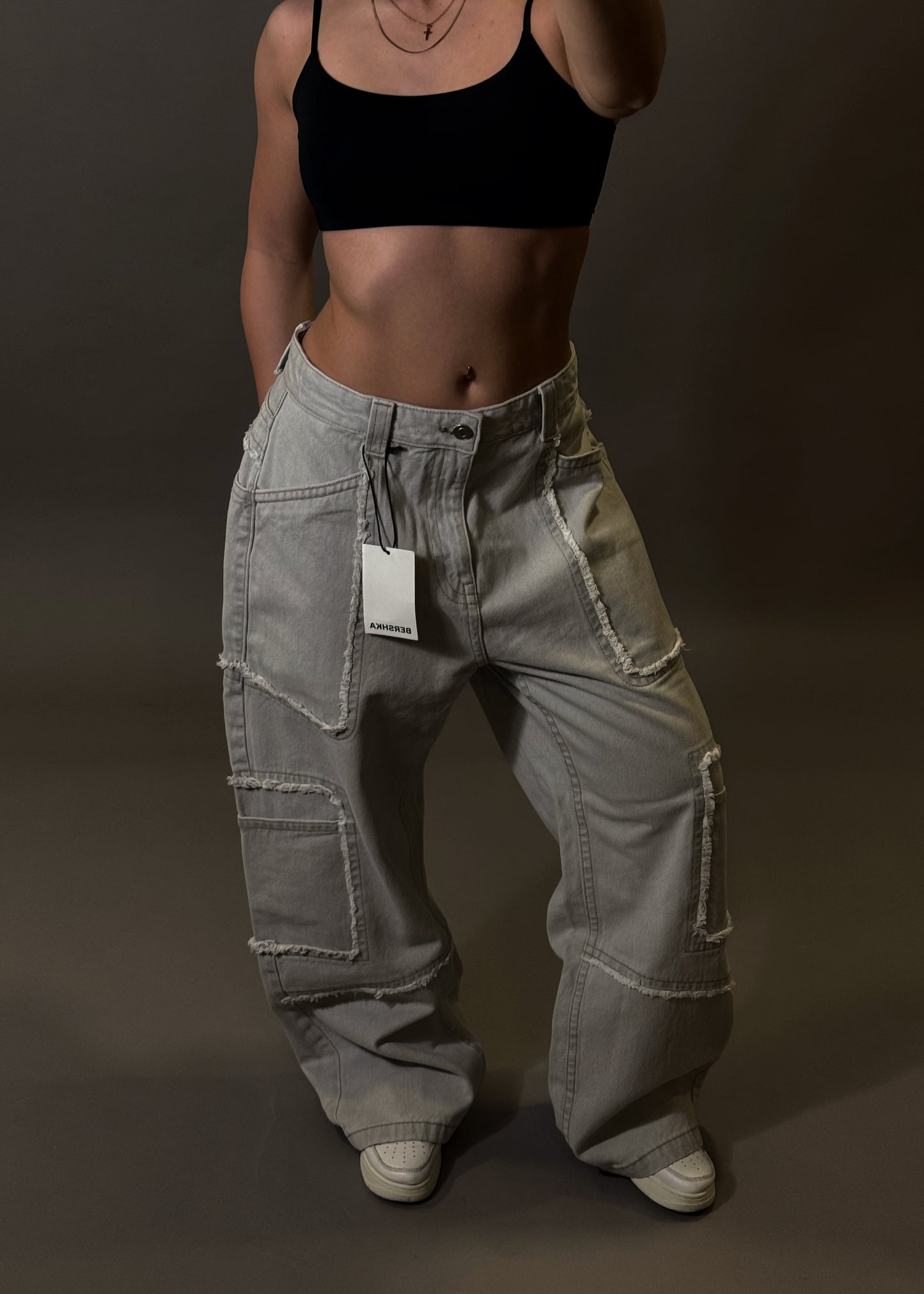 BERSHKA TEXTURED GREY BAGGY JEANS