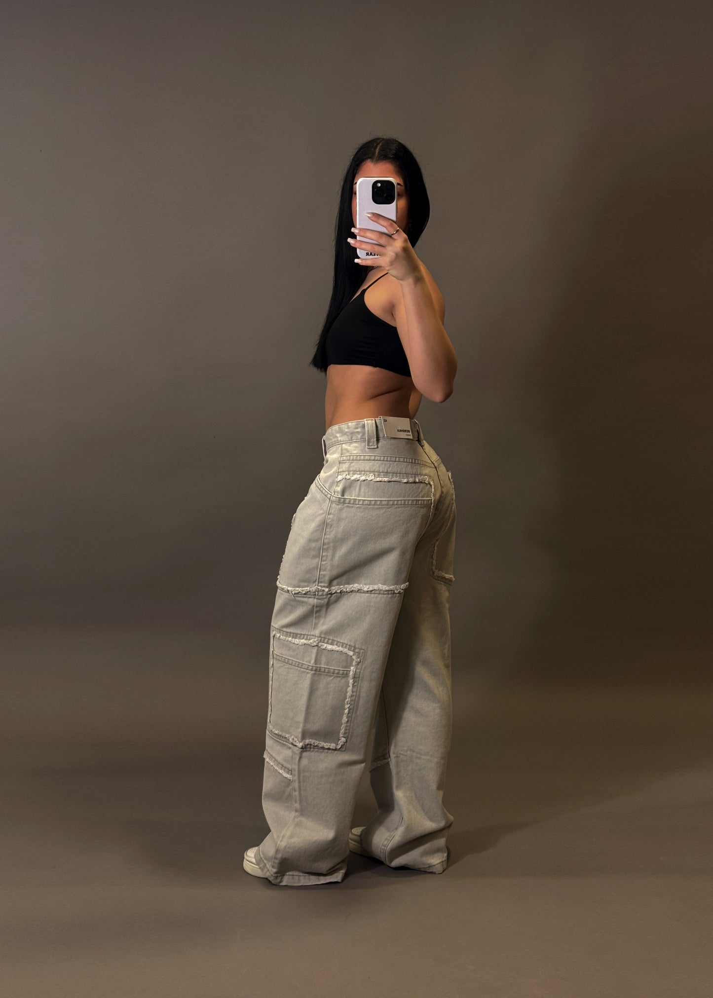 BERSHKA TEXTURED GREY BAGGY JEANS