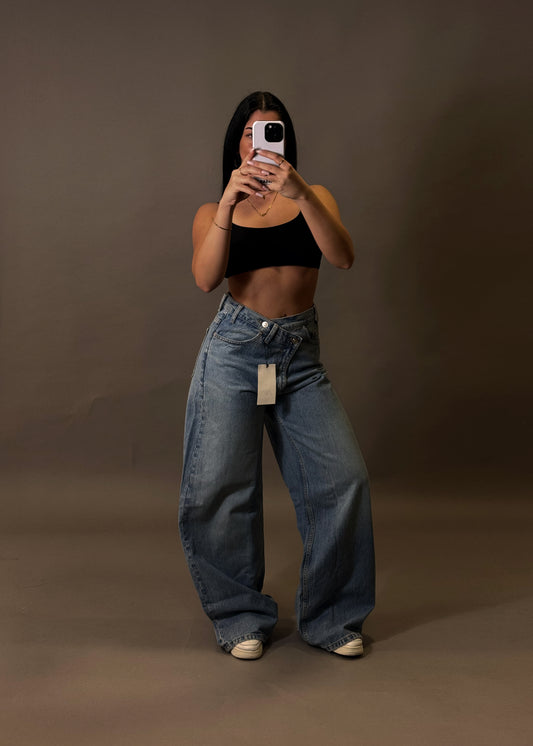 ZARA CROSSED WAIST WIDE LEG JEANS