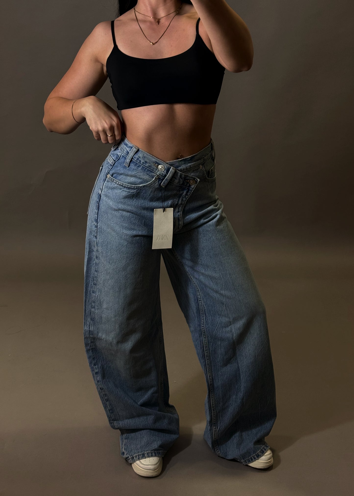 ZARA CROSSED WAIST WIDE LEG JEANS
