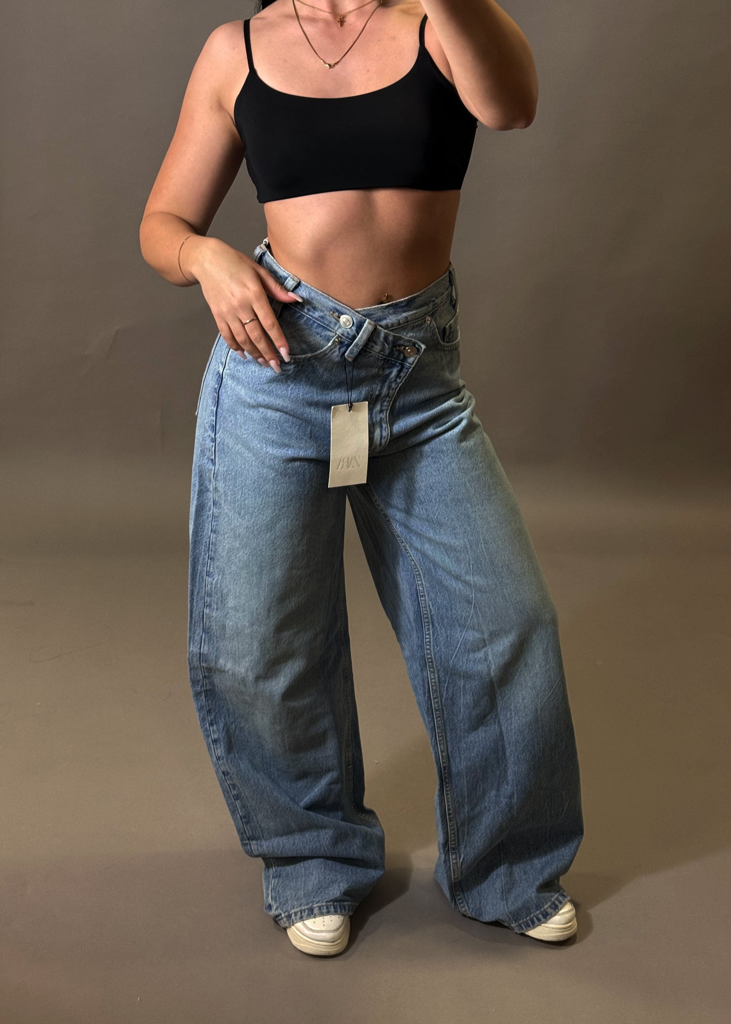 ZARA CROSSED WAIST WIDE LEG JEANS