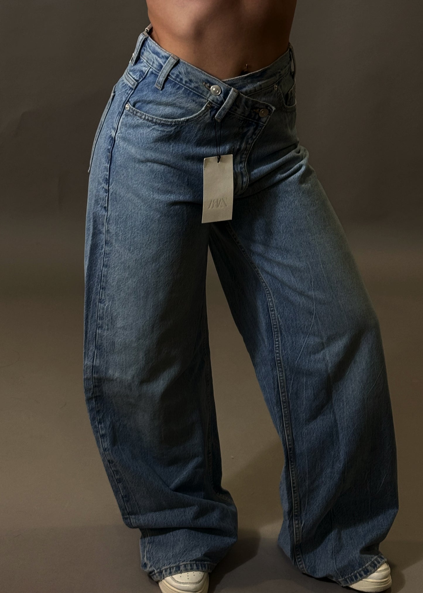 ZARA CROSSED WAIST WIDE LEG JEANS
